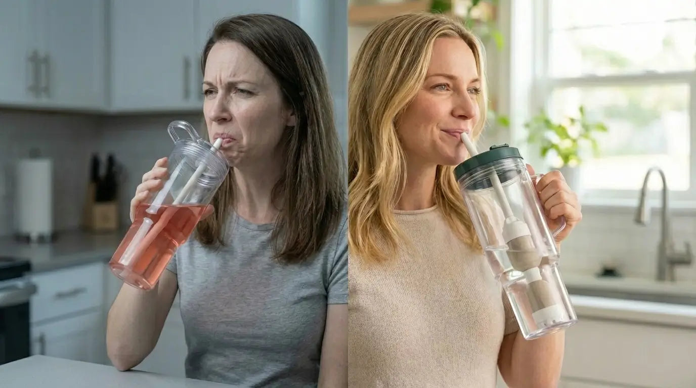 Two women drinking from insulated travel mugs in a kitchen setting.