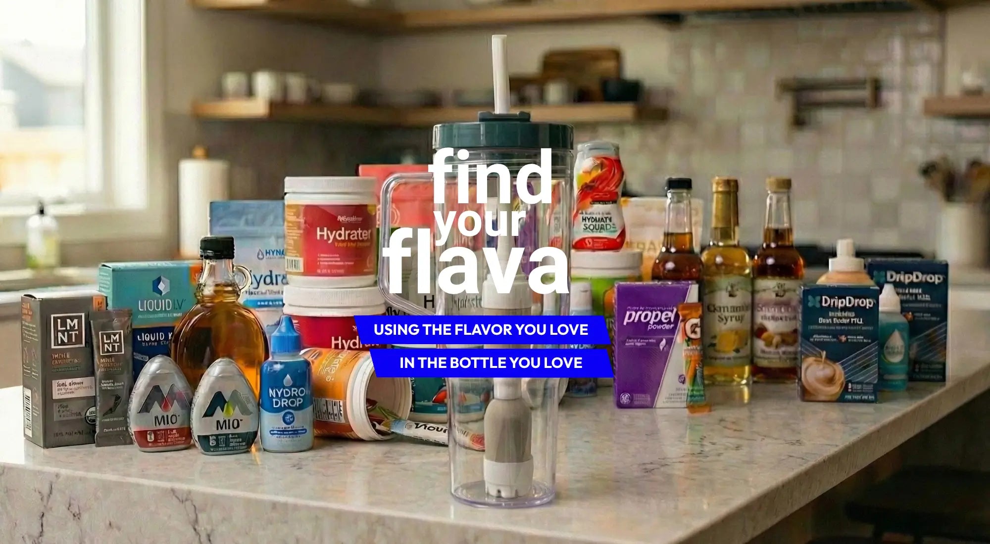 Assorted drinks and products on a kitchen counter with 'find your flava' text overlay.