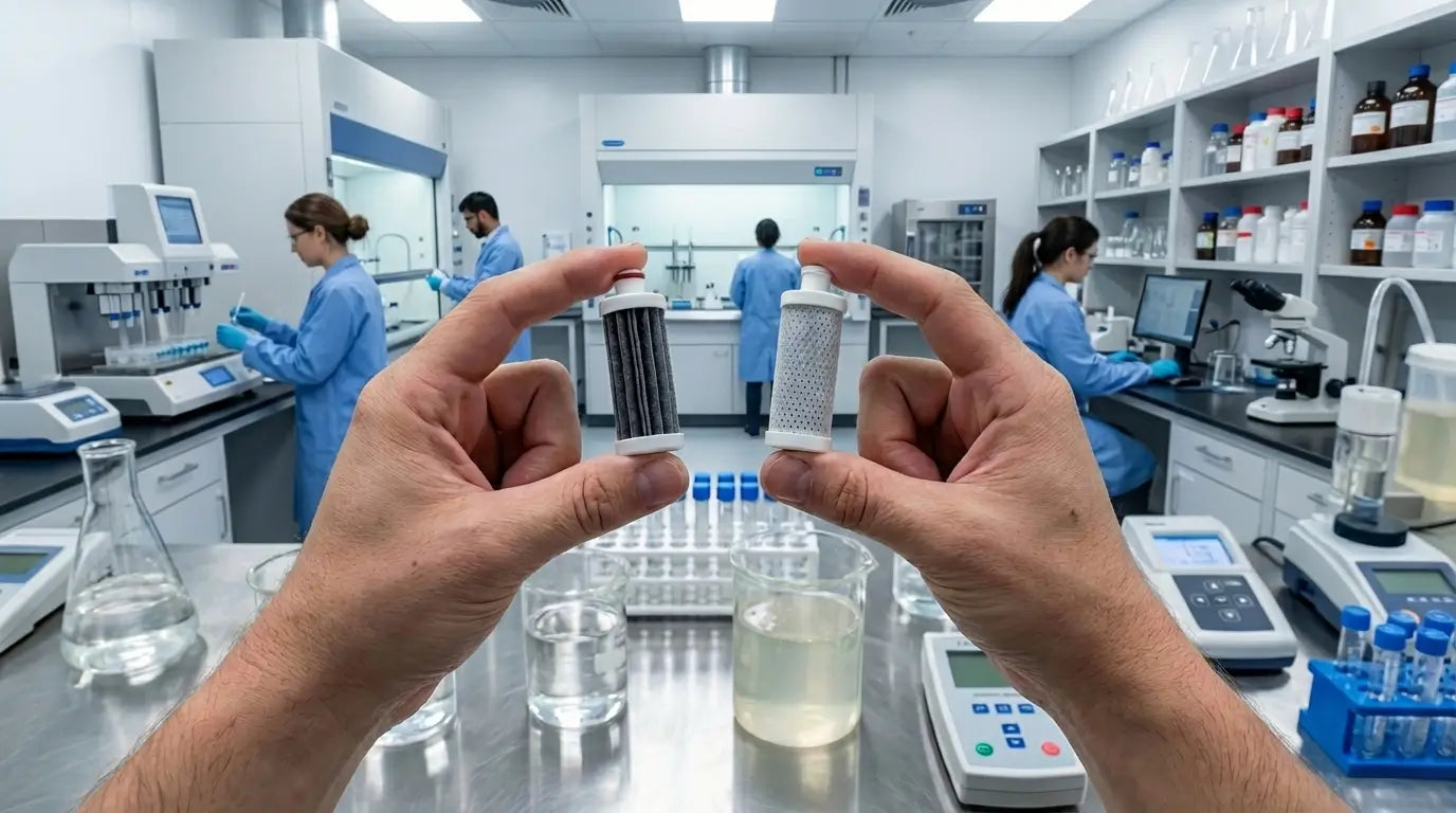 Laboratory setting with hands holding a test tube, people working in the background