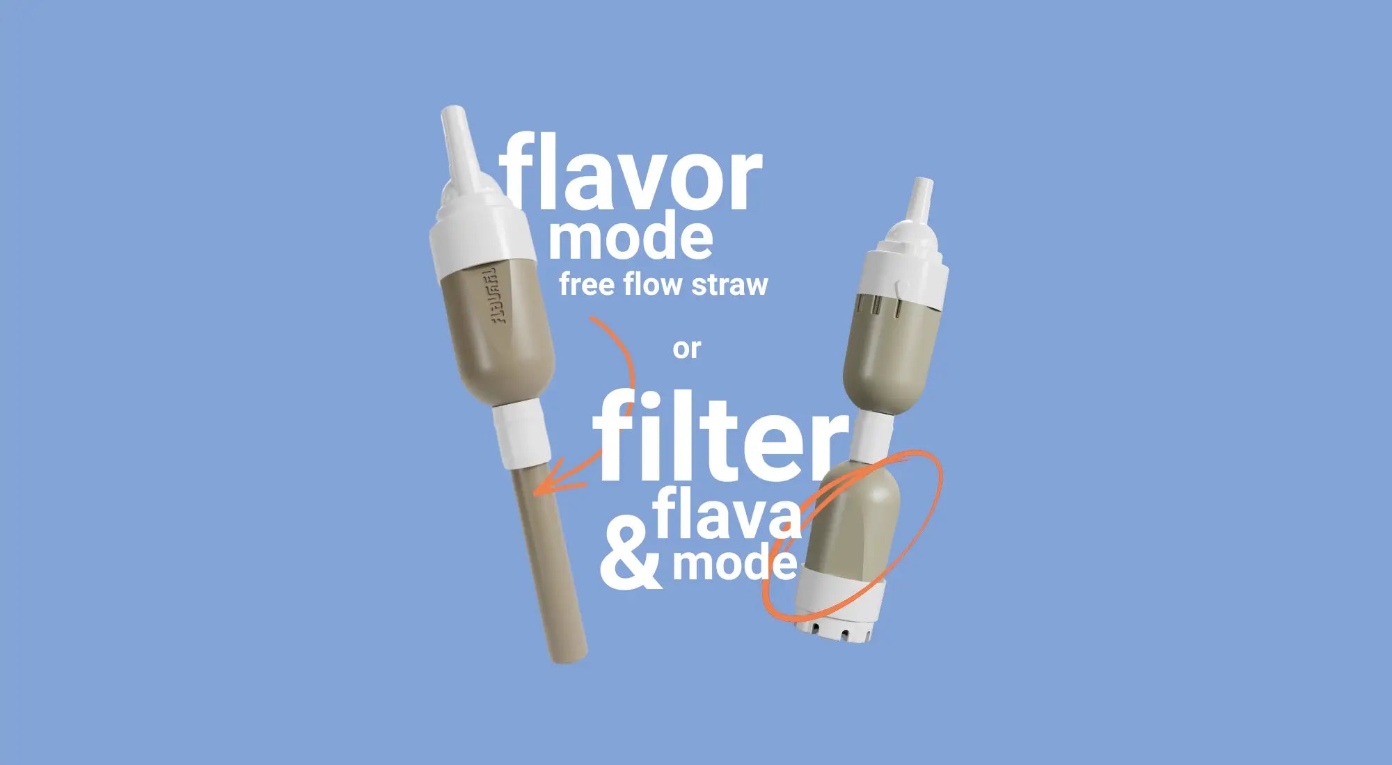 Two free flow straws with 'flavor mode' and 'filter flava & mode' text on a blue background.