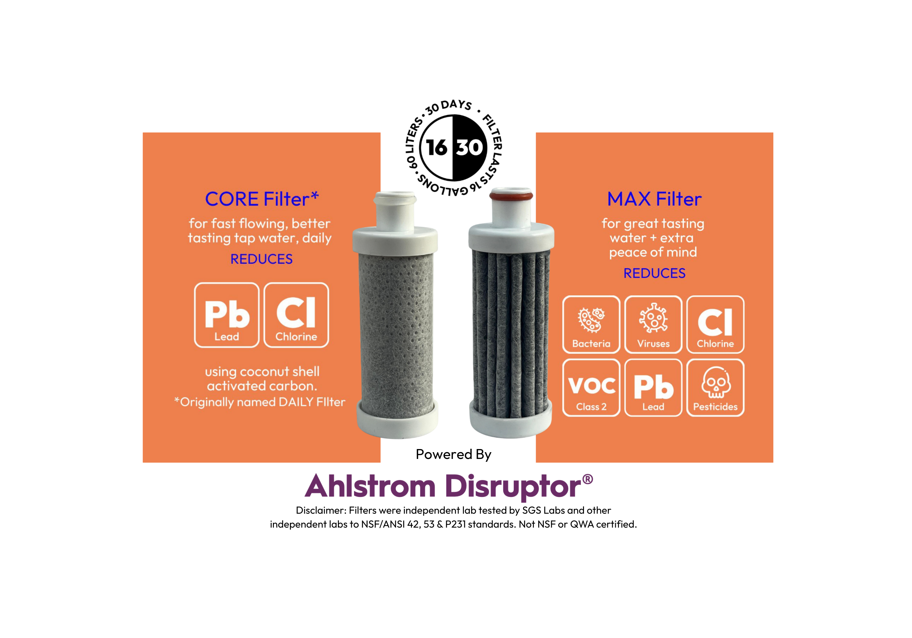 Side-by-side comparison of the FlavaFil CORE and MAX filters, showing lead and chlorine reduction for daily use and advanced bacteria, virus, VOC and pesticide filtration for added protection.