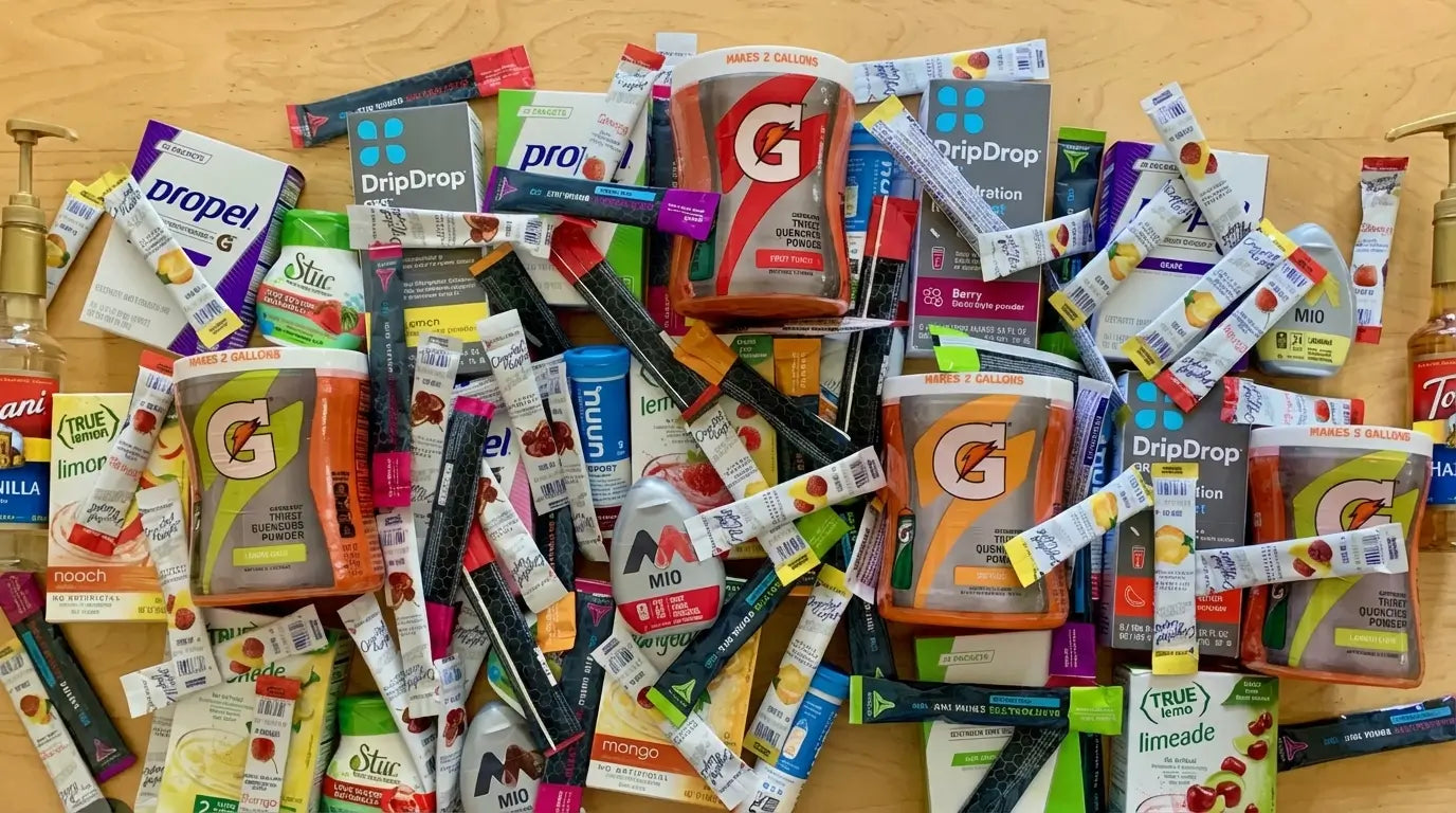 Collection of various energy drink mixes , electrolytes, cold brew teas, flavor drops on a wooden surface