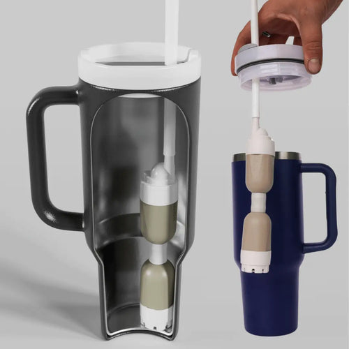 Image focusing on the straw inserted and outside a bottle, illustrating universal fit compatibility.