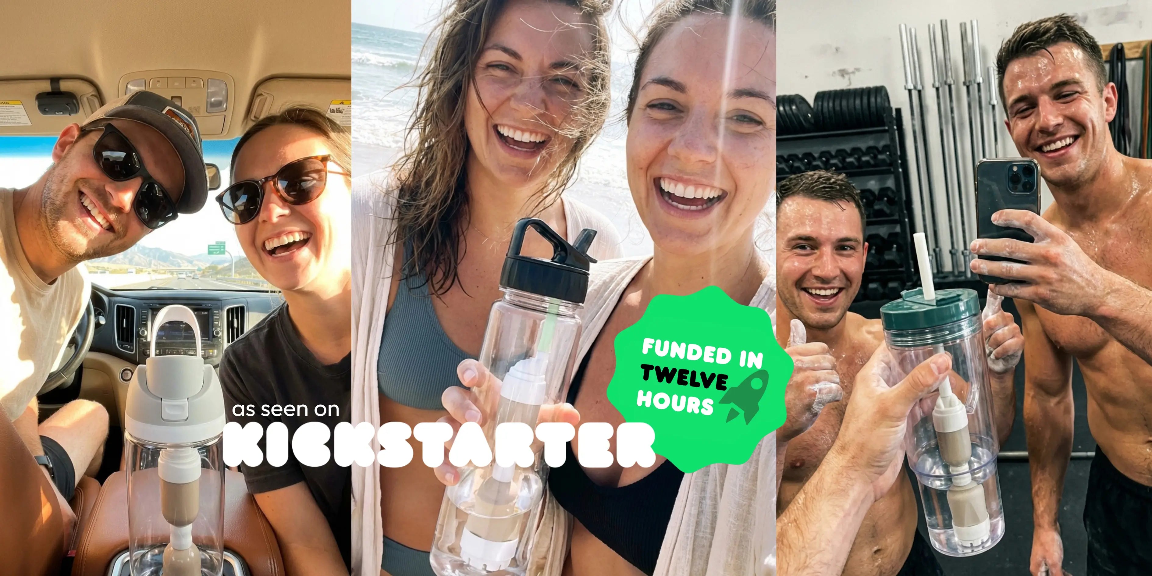 Collage of people holding clear water bottles with black caps, featuring a Kickstarter funding announcement.
