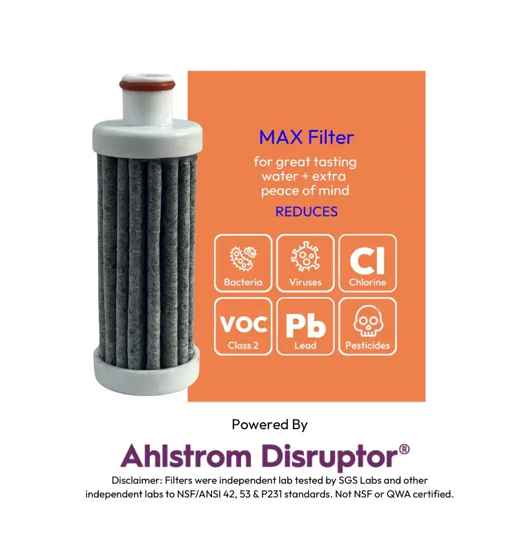 Detail view of the FlavaFil MAX filter media highlighting advanced filtration layers designed to remove bacteria, pesticides, microplastics, and more.