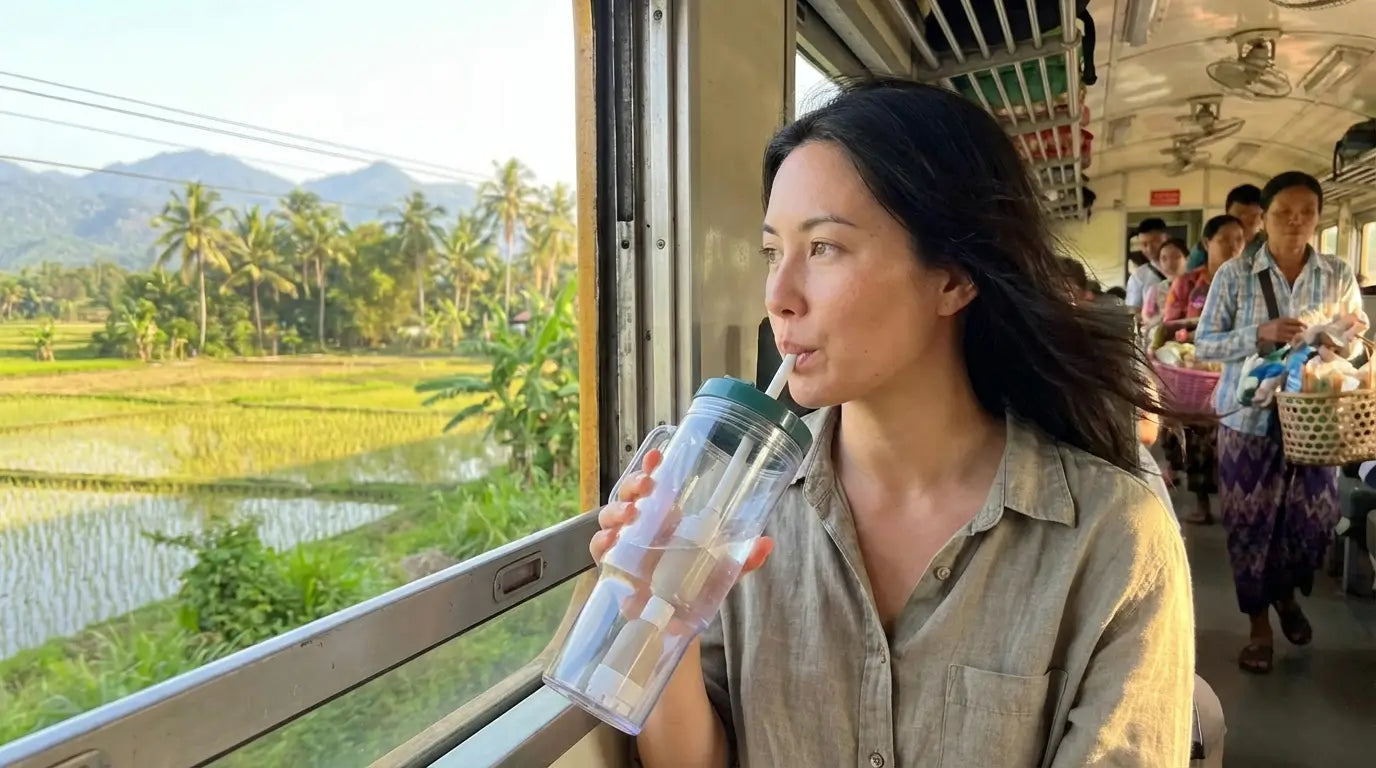 Woman drinking from a clear cup with a blue lid on a train, surrounded by greenery, with FlavaFil straw inside for travelling and peace of mind hydration on the go