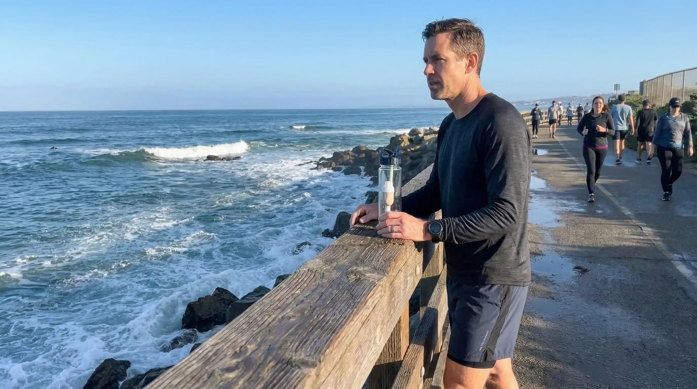 Man standing on a wooden pier by the ocean with people in the background holding water bottle upgraded with FlavaFil straw for electrolyte dosing