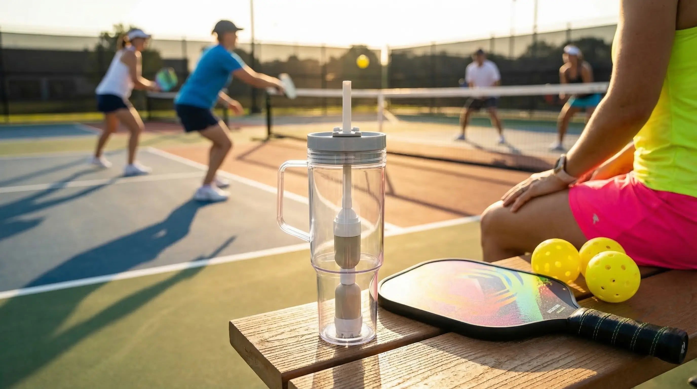Tumbler with a FlavaFil straw inside, paddle and balls on a table with people playing pickleball in the background