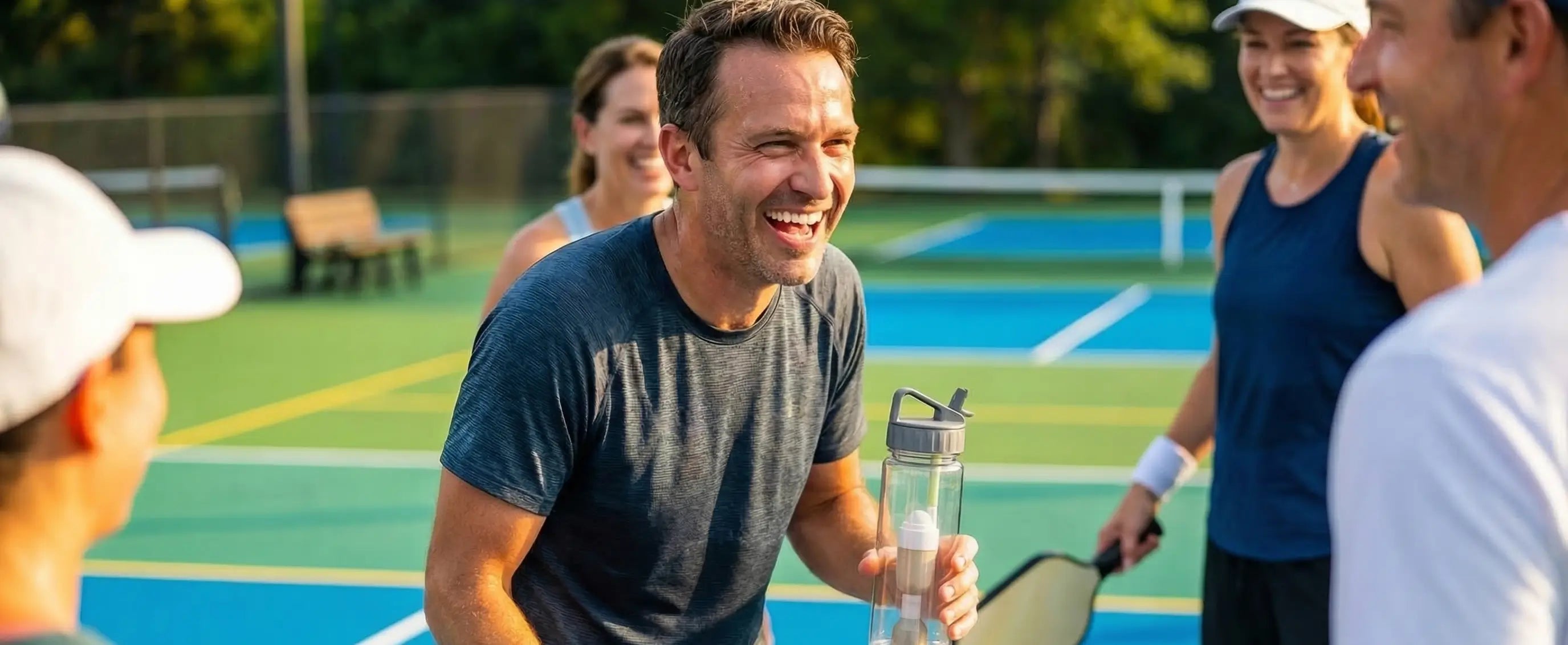 Man holding a water bottle with electrolyte straw on a pickleball court with friends