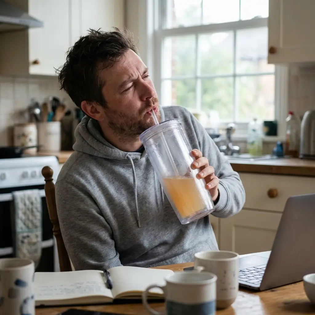Man in a kitchen drinking from a clear tumbler diluted flavor with a straw, surrounded by coffee mugs and a laptop.